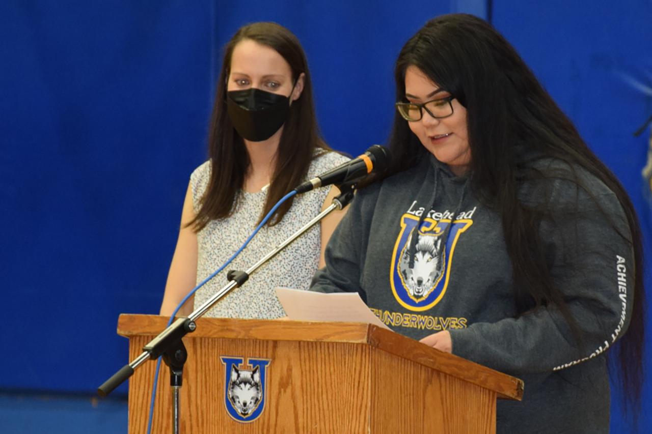 Lakeishia Meekis, right, is an Achievement Program alum who encouraged the students to continue to push themselves.