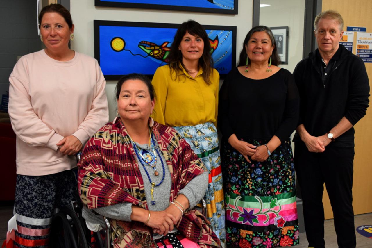 AKI Director Dr. Lana Ray, centre, with two of the grandmothers who advised on the institute - Dorothy Taylor, second from left, and Sherry Copenace, second from right. Also included are Denise Baxter, left, from the Office of Indigenous Initiatives, and Dr. Andrew P. Dean, Vice-President, Research and Innovation, whose departments sponsored the Institute.