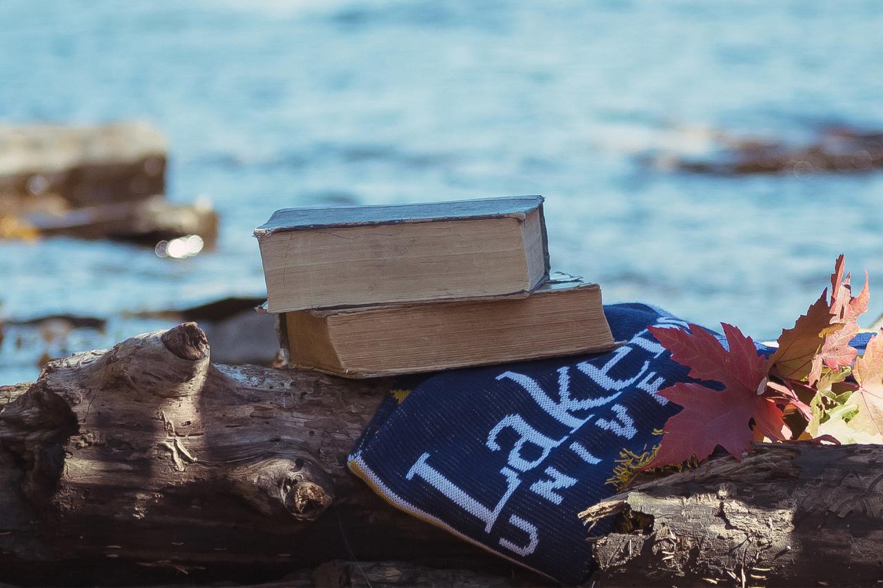 Books piled on a Lakehead University scarf, on top of a rock with water in the background