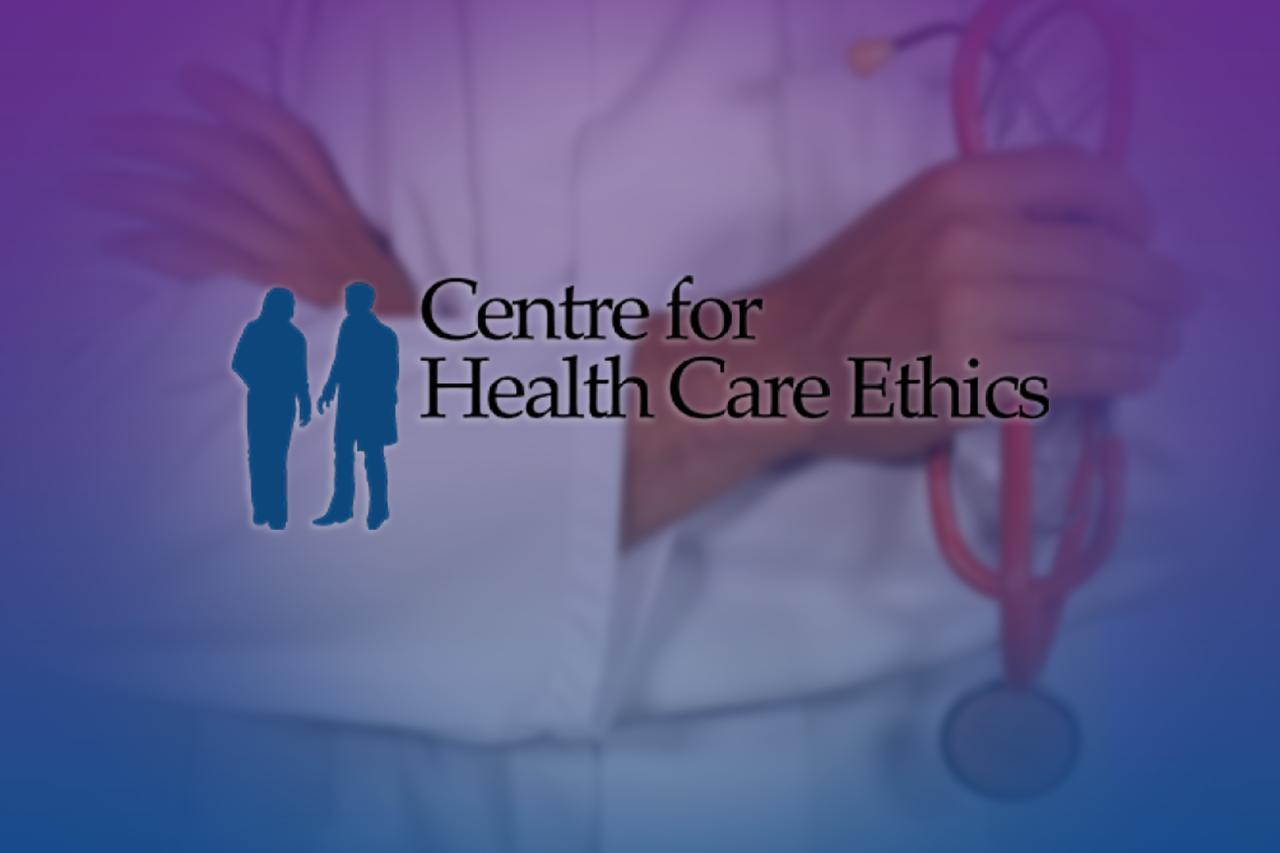 Centre for Health Care Ethics Logo ontop of an image of a doctor with their arms crossed, holding a stethoscope.