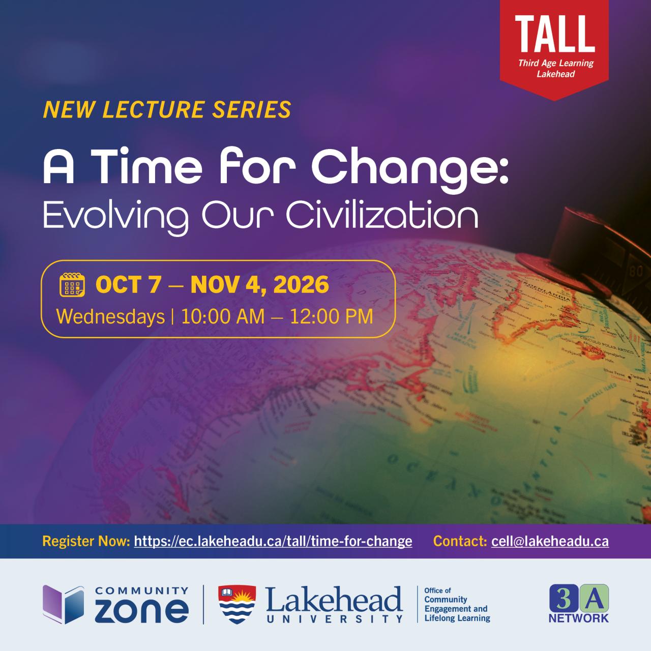 Promotional graphic for Lakehead University’s TALL Lecture Series, A Time for Change: Evolving Our Civilization