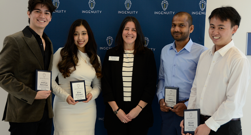 Ascend Accelerator graduates (from left) Joshua Sanchez, Aliss Chavarri, Lesly Gunasekara, and Bryan Wong are pictured with Ingenuity manager Alyson MacKay. 